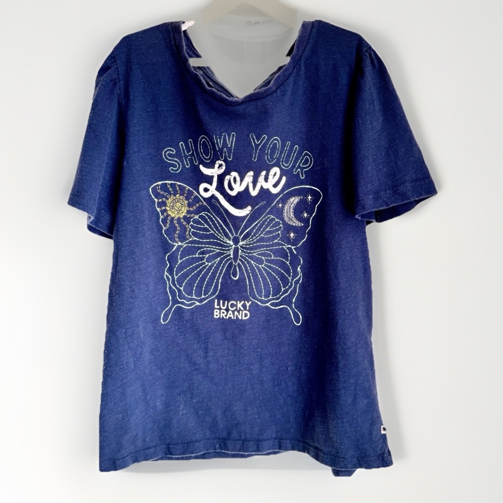 Lucky Brand Girls Graphic Tee Blue Butterfly Show Your Love Size L 12/14